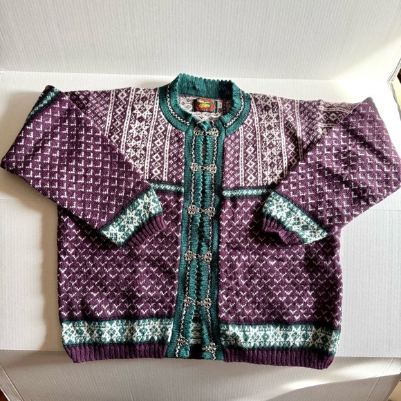 ALPS NORDIC SWEATER PURPLE TEAL GREEN WHITE SNOWFLAKES FANCY HOOKS SIZE LG - Picture 1 of 5